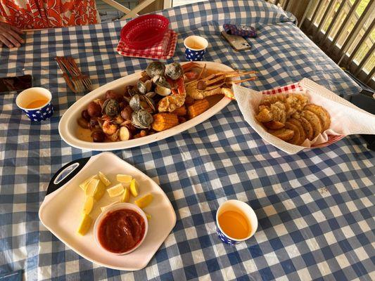 Seafood boil pot. Everything came with except the sourdough bread and butter.