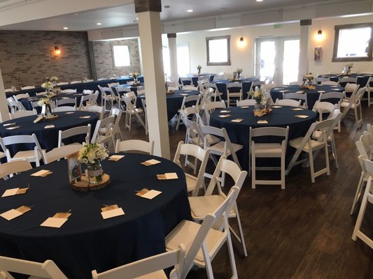 Table seating for 140 with two tables in the adjoining room. Dance floor outside and buffet service