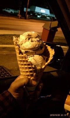 Double scoop of cookies n cream inside a waffle cone