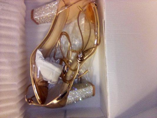 Ladies sandal heels:gold/rhinestone