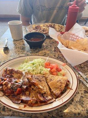 Fiesta Quesadilla GF (Parmesan crusted) and meat lovers omelette