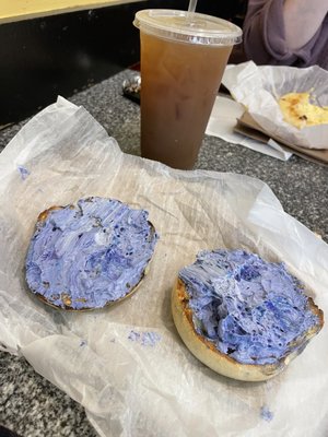 Blueberry low carb bagel with blueberry cream cheese