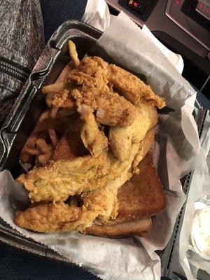 Chicken bites, 6 piece dinner cake with fries, bread, and a drink