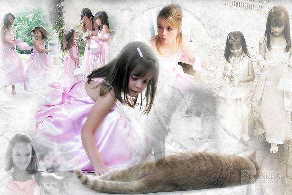 Creative wedding album page with bridesmaids and daughters.