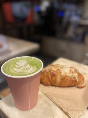 Strawberry matcha oat latte and the frer mozzarella croissant