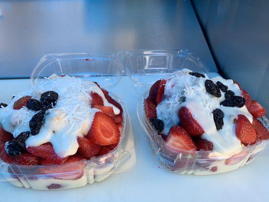 Our small $6 Fresh cut strawberries with our famous cream, what a delicious healthy snack