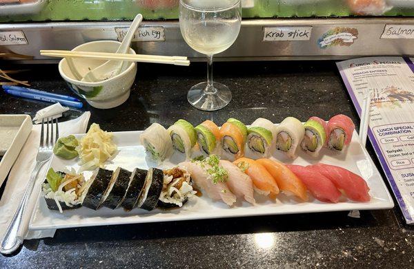 Salmon,  Soft Shell Crab Roll, Rainbow Roll, Tuna, Yellowtail