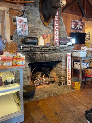 Fireplace inside the shop.