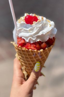 Huckleberry Heaven in Handmade Waffle Cone with Strawberries, Whip, Nuts & Cherry from Souza Cones Ice Cream & Candy!