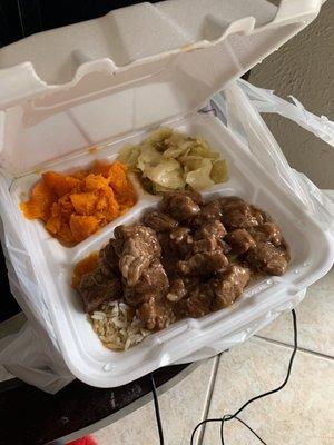 Beef Tips & Rice, sweet potato (def not yams), cabbage. It was cool.