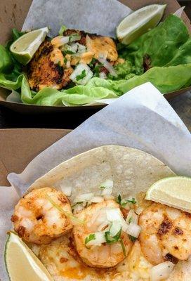 Tiger shrimp taco + grilled fish taco in lettuce cups. Super fresh.