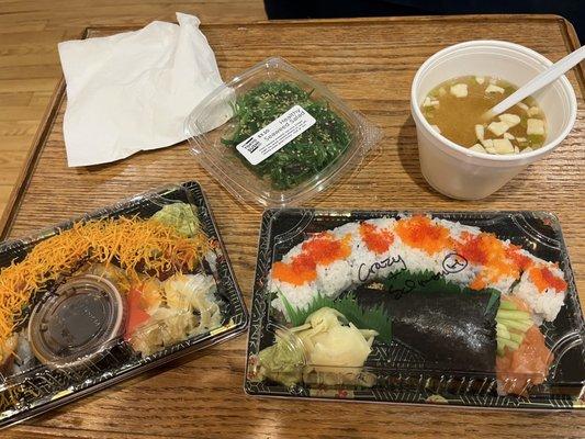 Superhero roll. Seaweed salad. Crazy roll. Salmon hand roll. Miso soup.