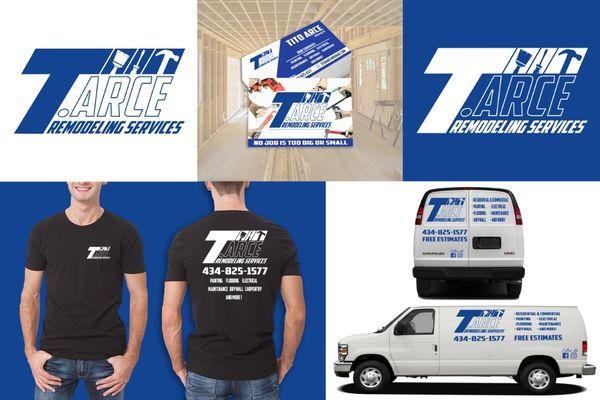 Brand identity package. Custom logo, custom business cards, company shirt mock-up, and business van mock-up.