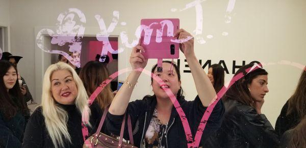 Declare in Coral Room: Fake Restroom - Writing on the mirror w/an electronic lipstick.