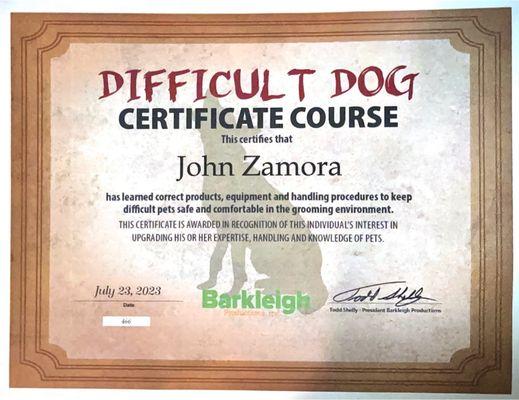 All Groomers at YSDH are Difficult Dog Certified!