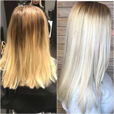 Before and After! Blended out her grow out and made her and icy blonde