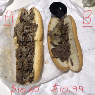 Philly Cheese Steak - $10.99  (Local competitor on left for comparison)