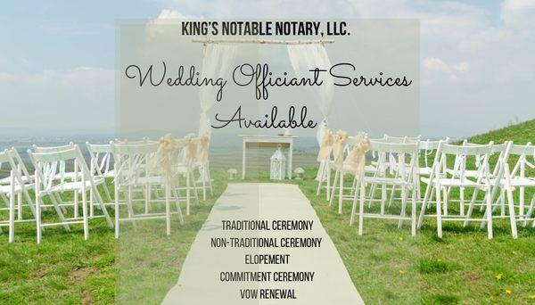 Wedding Officiant Services:

-Traditional Ceremony
-Non-Traditional Ceremony
-Elopement
-Commitment Ceremony
-Vow Renewal & more