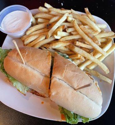 Buffalo Chicken sandwich and Fries