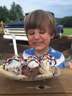 a customer very excited about his banana split