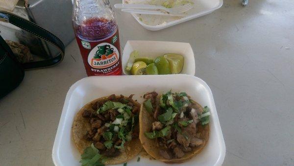 Beef taco, pork taco & strawberry soda (pictured) + 1 sopa (not pictured) = $13.00