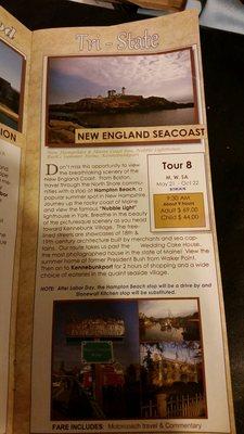 Info on the New England Sea Coast Tour, which I highly recommend.