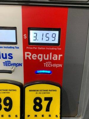 $3.15 per gallon 87 octane cash or Chevron card otherwise $.10 per gallon July 18, 2020