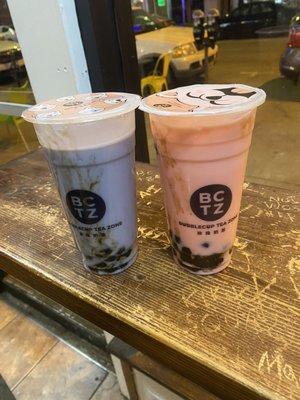 Tarp milk tea with boba and strawberry milk tea with boba