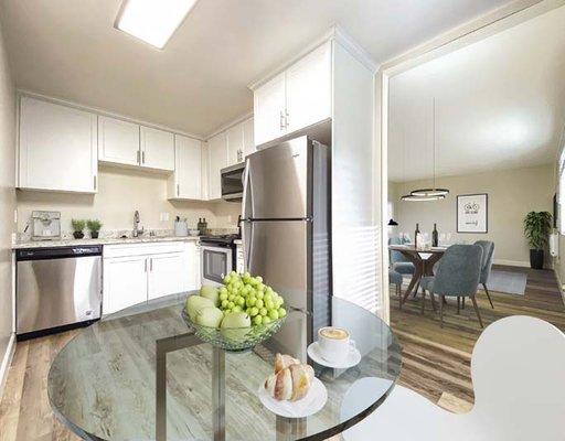 Kitchen and dining area at Pleasanton Heights Apartment Homes