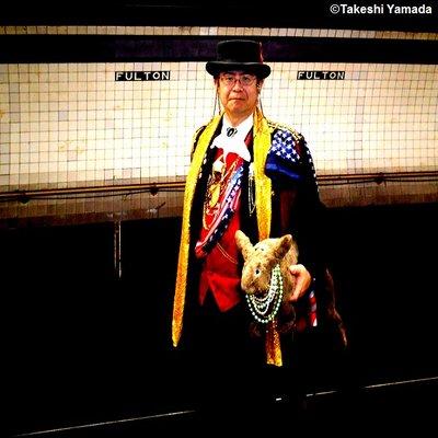 FULTON STREET subway station. Manhattan, NY. Dr. Takeshi Yamada & Seara (Coney Island sea rabbit). The quiet station platform at night.