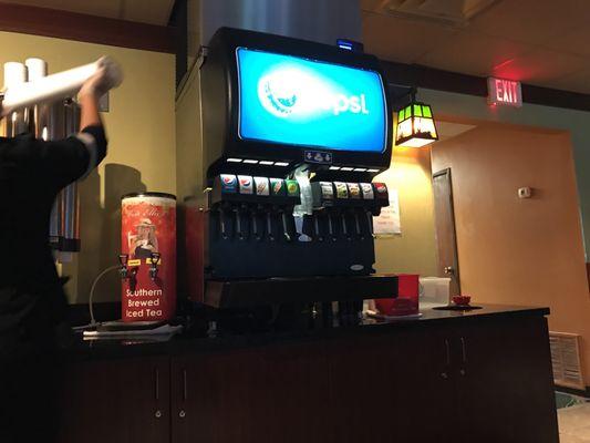 Drink station. Soda and tea and coffee are complimentary