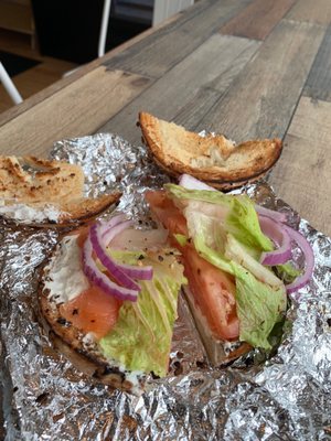 Nothing super about the super nova for $12.39.  Burn bagel, not enough lox to be recognized, wilted, old lettuce, and missing cucumber.