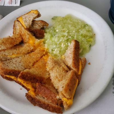 Grilled cheese and cucumber salad.  We eat grilled cheese sandwiches 2 or 3 times a week sometimes.