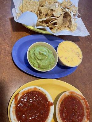 Chips, guacamole, queso, and salsa