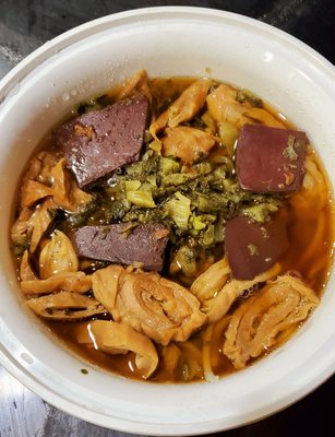 Marinated intestine noodle soup. If you like intestines, you'll love this soup. Really tender.