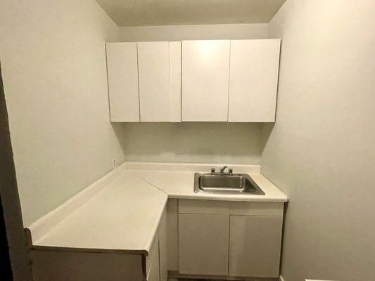 OVERALL VIEW OF COMPLETED CLEANING OF COUNTER TOP, SINK & CABINETS