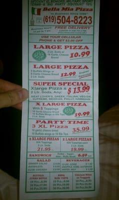 Pizza menu as slipped under doors in hotels on Hotel Circle.