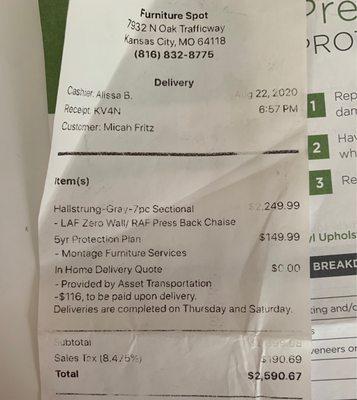 Receipt (with in-home delivery noted)