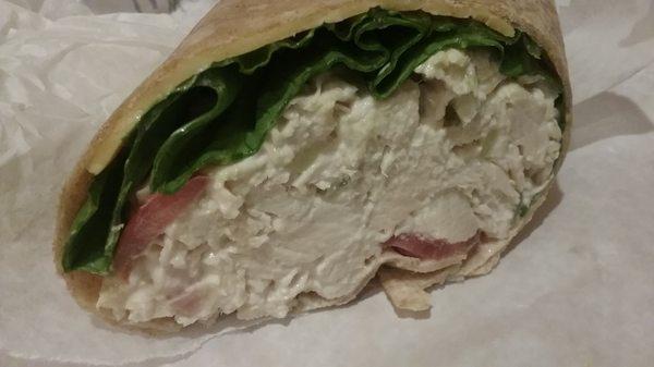 chicken salad on a whole wheat wrap with lettuce/tomato/cheese. excellent chicken salad !!