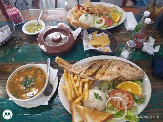 Whole fried wachinango seafood soup