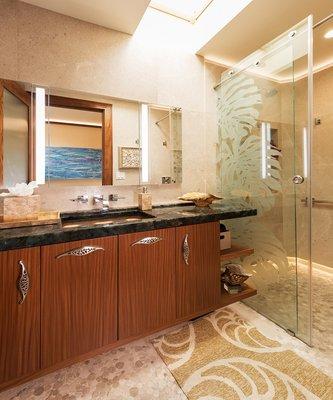 Maui Guest Bath Remodeled with Shells, Pebbles, and Tropical Leaves