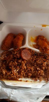 Called to confirm they had Grilled Sweet and Spicy Chix w/ Rice & Peas Mushy rice, 4 fried mushy wing dings. up on prices down on quality