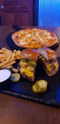 Tavern burger with an extra patty, French fries and the Buffalo chicken pizza