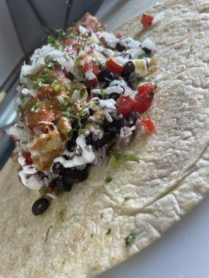 Chicken burritos, black beans, cilantro rice , pico , sour cream, Oaxaca cheese, green and red salsa,