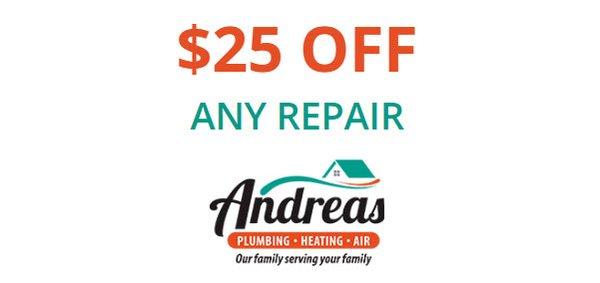 Any electric/gas furnace, heat pump or any other heating or HVAC repair is $25!