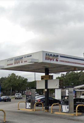 The front of the area with the gas pumps