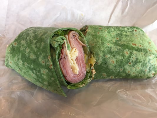 Ham and cheese wrap with lettuce, pickle and spicy mustard... Fantastic!