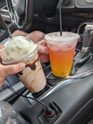 Dragon fruit juice and a chocolate caramel milkshake