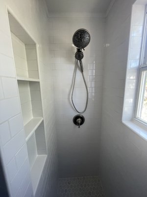 Walking shower remodel, new clean look!