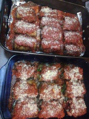 Eggplant rollatine stuffed with broccoli rabe and hot cherry peppers! Delicious :)